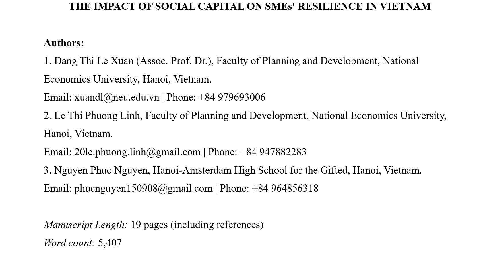 Manuscript first page / author list