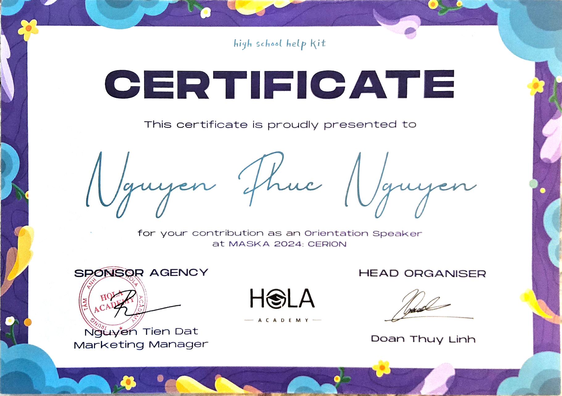 MASKA guest talk certificate